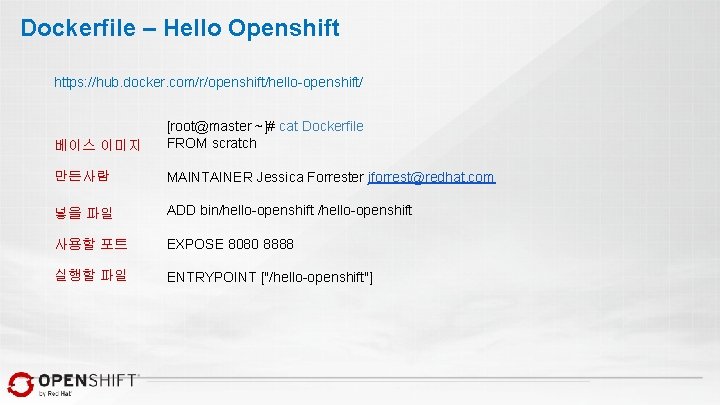 Dockerfile – Hello Openshift https: //hub. docker. com/r/openshift/hello-openshift/ 베이스 이미지 [root@master ~]# cat Dockerfile
