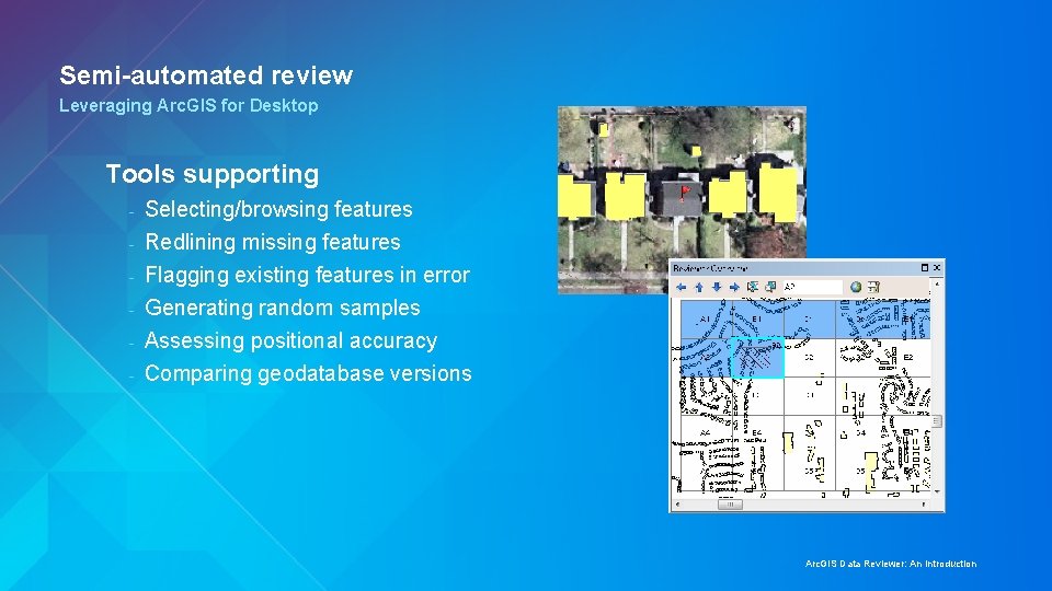 Semi-automated review Leveraging Arc. GIS for Desktop Tools supporting - Selecting/browsing features Redlining missing