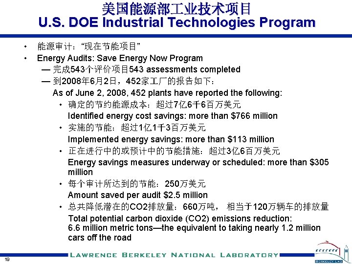 美国能源部 业技术项目 U. S. DOE Industrial Technologies Program • • 19 能源审计：“现在节能项目” Energy Audits: