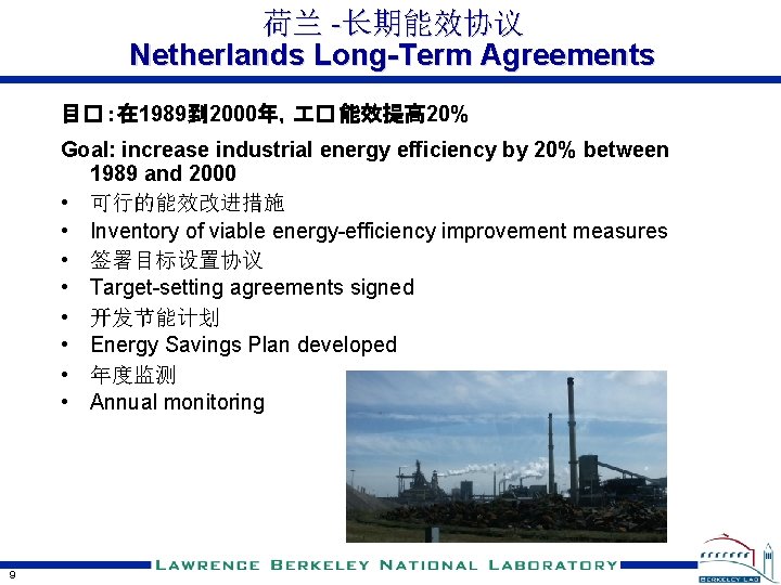 荷兰 -长期能效协议 Netherlands Long-Term Agreements 目� ：在 1989到 2000年， � 能效提高 20% Goal: increase