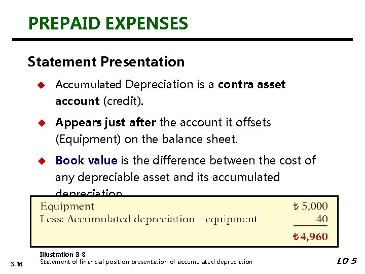 PREPAID EXPENSES Statement Presentation u Accumulated Depreciation is a contra asset account (credit). u