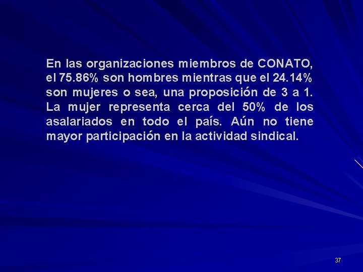 En las organizaciones miembros de CONATO, el 75. 86% son hombres mientras que el