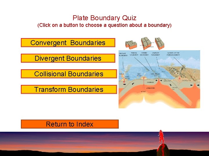 Plate Boundary Quiz (Click on a button to choose a question about a boundary)