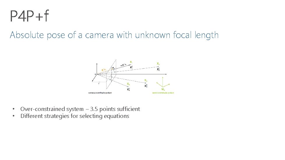 Absolute pose of a camera with unknown focal length • Over-constrained system – 3.