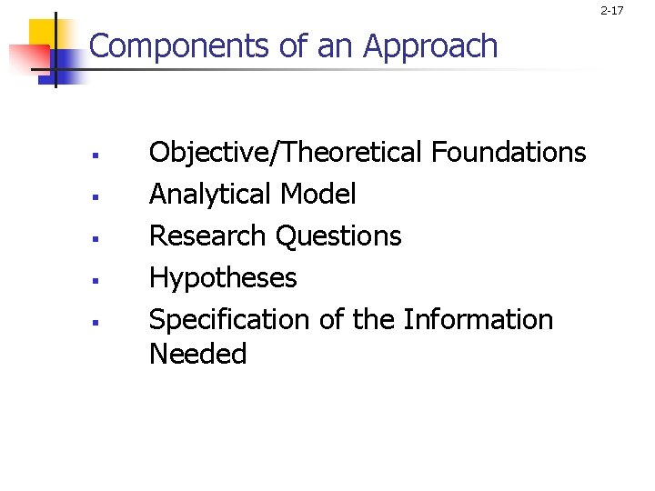 2 -17 Components of an Approach § § § Objective/Theoretical Foundations Analytical Model Research