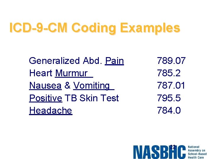 ICD-9 -CM Coding Examples Generalized Abd. Pain Heart Murmur Nausea & Vomiting Positive TB