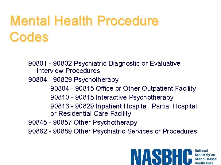 Mental Health Procedure Codes 90801 - 90802 Psychiatric Diagnostic or Evaluative Interview Procedures 90804