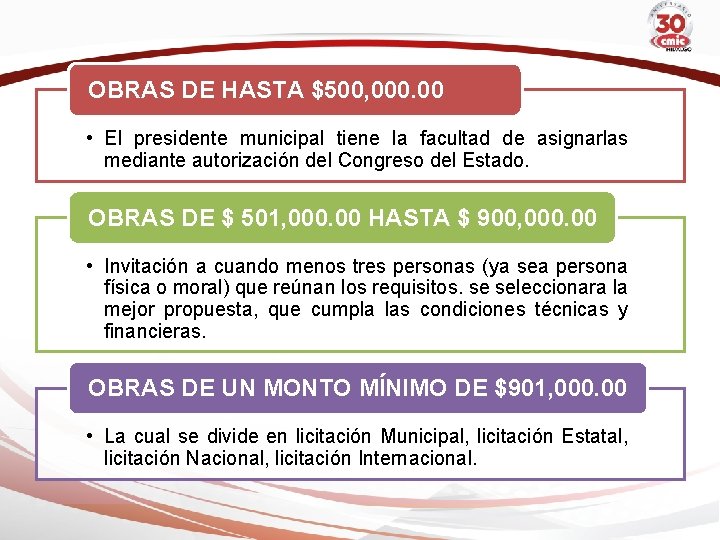 OBRAS DE HASTA $500, 000. 00 • El presidente municipal tiene la facultad de