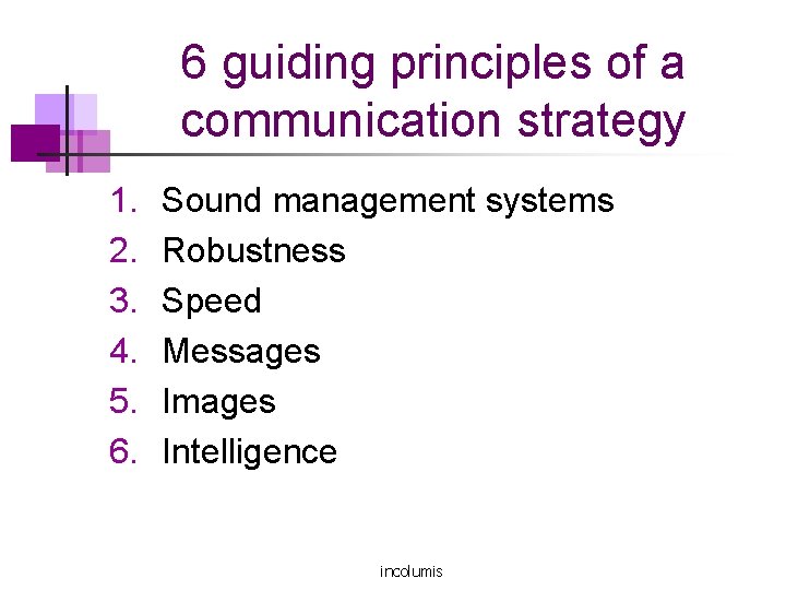 6 guiding principles of a communication strategy 1. 2. 3. 4. 5. 6. Sound