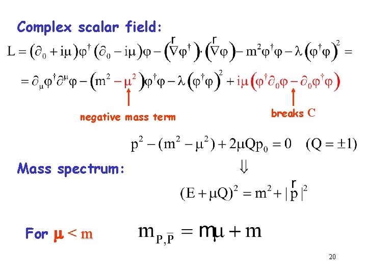 Complex scalar field: negative mass term breaks C Mass spectrum: For m < m