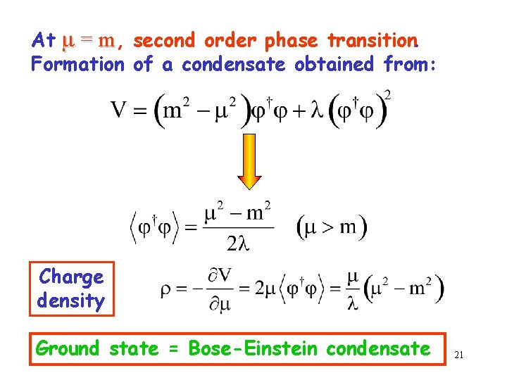 At m = m, second order phase transition. Formation of a condensate obtained from: