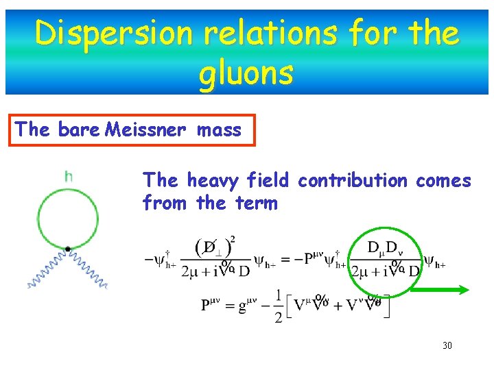 Dispersion relations for the gluons The bare Meissner mass The heavy field contribution comes