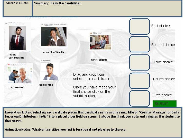 Screen 5: 1. 1 -etc. Summary: Rank the Candidates. First choice Second choice Pranav