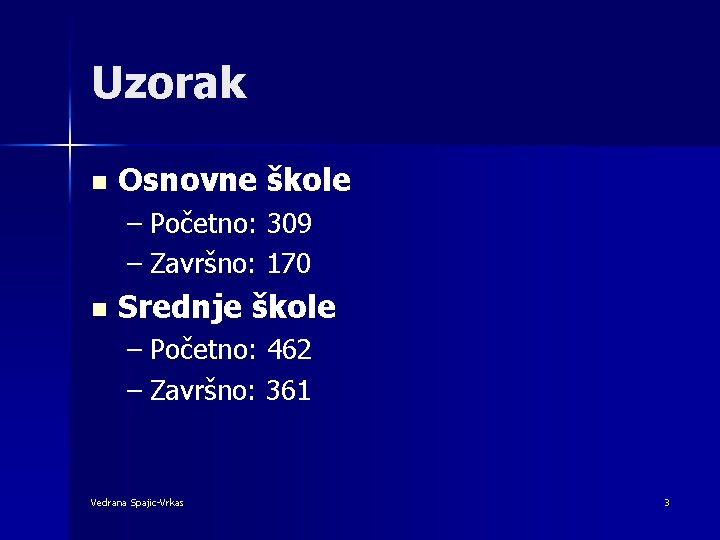 Uzorak n Osnovne škole – Početno: 309 – Završno: 170 n Srednje škole –