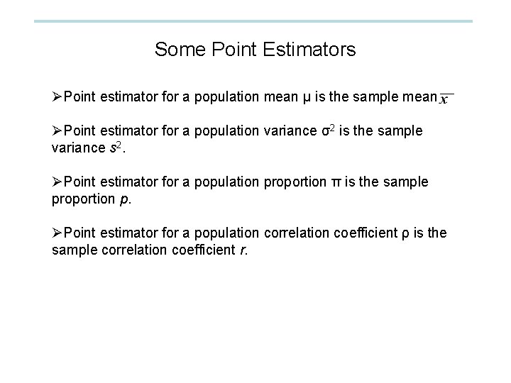 Some Point Estimators ØPoint estimator for a population mean μ is the sample mean.