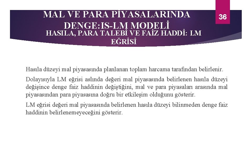 MAL VE PARA PİYASALARINDA DENGE: IS-LM MODELİ 36 HASILA, PARA TALEBİ VE FAİZ HADDİ: