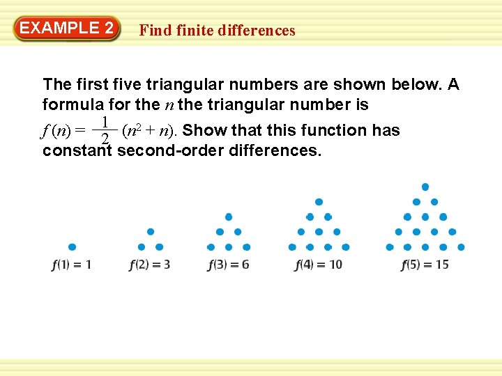 EXAMPLE 2 Find finite differences The first five triangular numbers are shown below. A