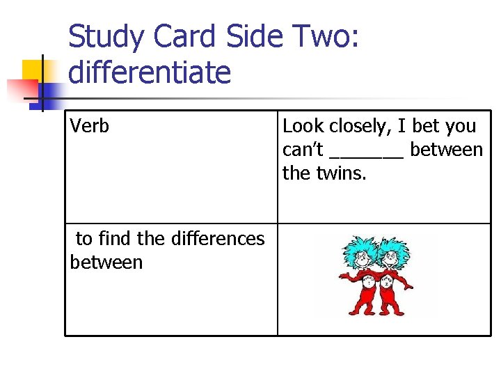 Study Card Side Two: differentiate Verb to find the differences between Look closely, I