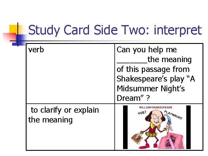 Study Card Side Two: interpret verb to clarify or explain the meaning Can you