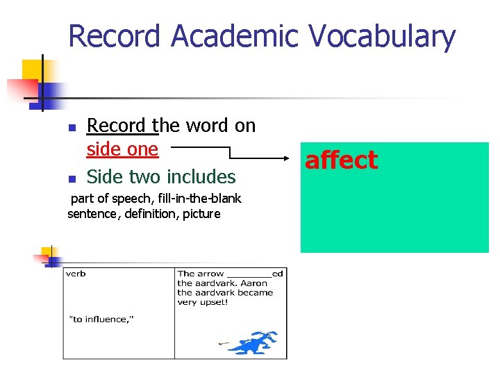 Record Academic Vocabulary n n Record the word on side one Side two includes