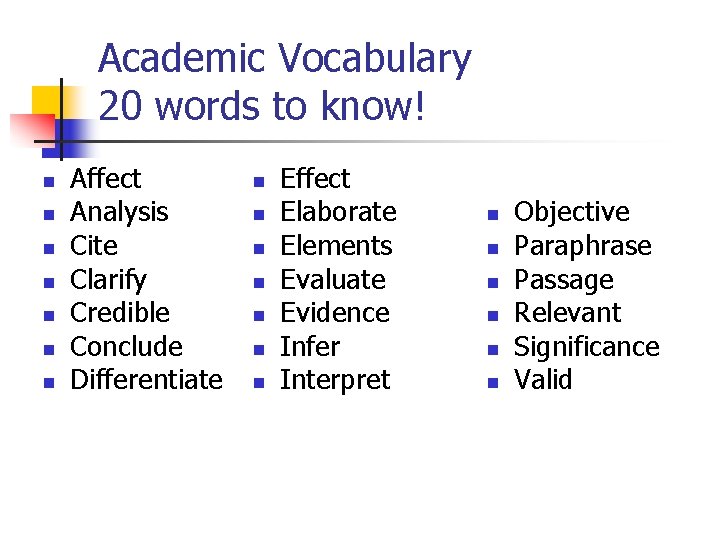 Academic Vocabulary 20 words to know! n n n n Affect Analysis Cite Clarify