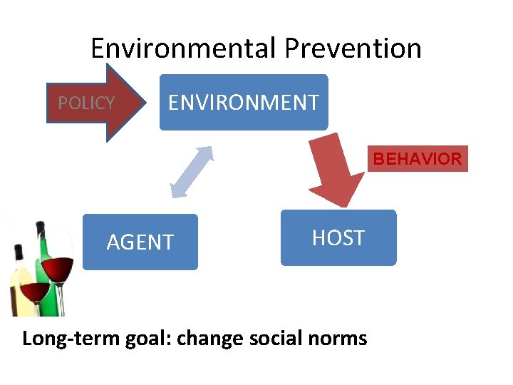 Environmental Prevention POLICY ENVIRONMENT BEHAVIOR AGENT HOST Long-term goal: change social norms 