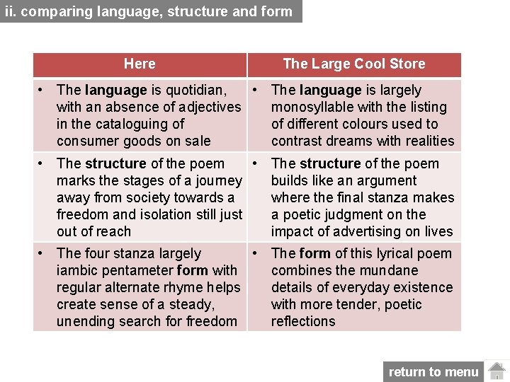 ii. comparing language, structure and form Here The Large Cool Store • The language