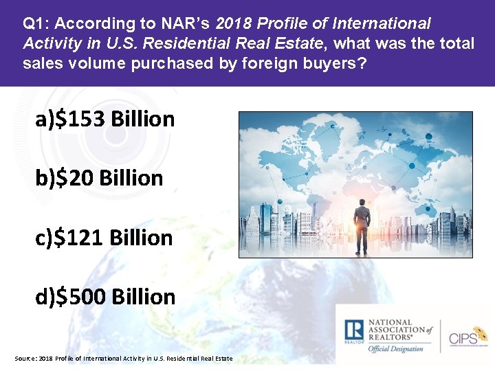 Q 1: According to NAR’s 2018 Profile of International Activity in U. S. Residential
