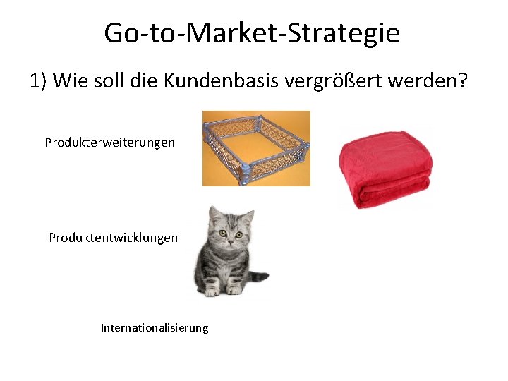 Go-to-Market-Strategie 1) Wie soll die Kundenbasis vergrößert werden? Produkterweiterungen Produktentwicklungen Internationalisierung 