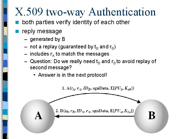 X. 509 two-way Authentication both parties verify identity of each other n reply message