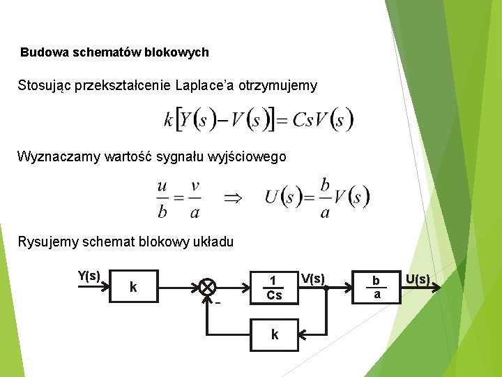 Budowa schematów blokowych Stosując przekształcenie Laplace’a otrzymujemy Wyznaczamy wartość sygnału wyjściowego Rysujemy schemat blokowy