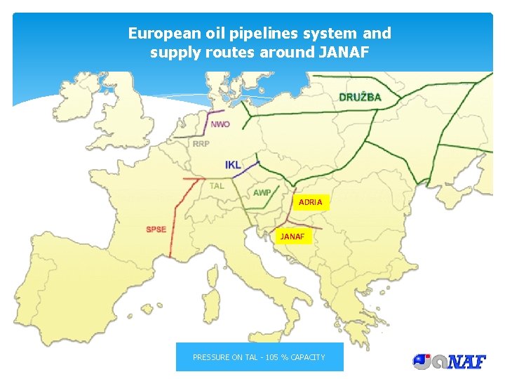 European oil pipelines system and supply routes around JANAF ADRIA JANAF PRESSURE ON TAL