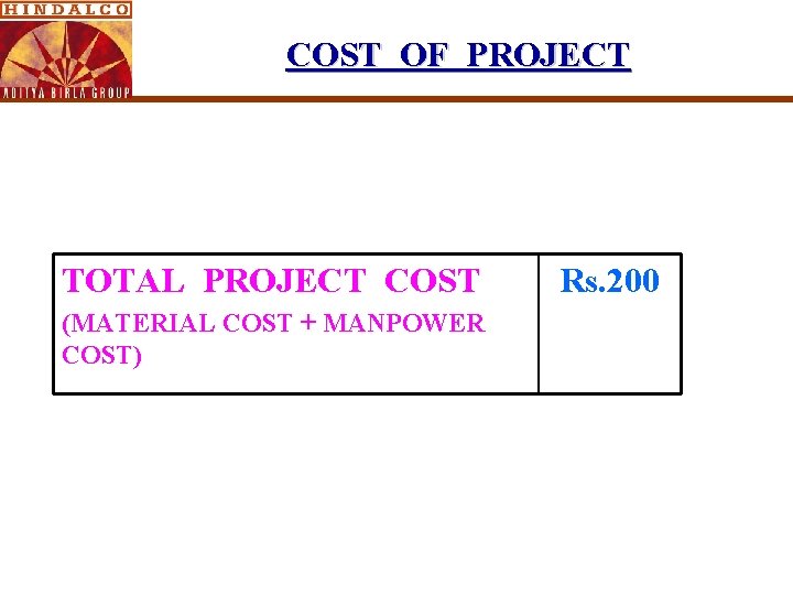 COST OF PROJECT TOTAL PROJECT COST (MATERIAL COST + MANPOWER COST) Rs. 200 COST OF PROJECT TOTAL PROJECT COST (MATERIAL COST + MANPOWER COST) Rs. 200