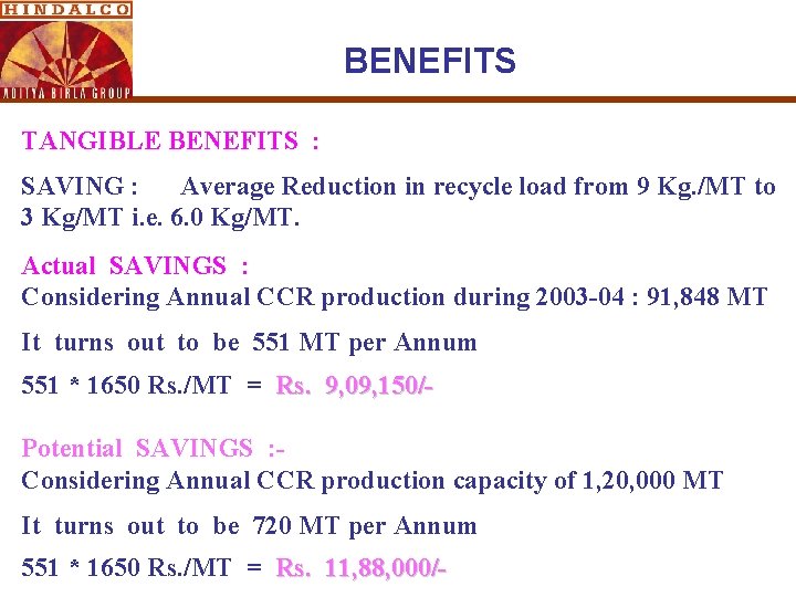 BENEFITS TANGIBLE BENEFITS : SAVING : Average Reduction in recycle load from 9 Kg.