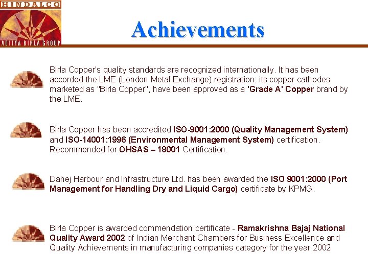 Achievements Birla Copper's quality standards are recognized internationally. It has been accorded the LME