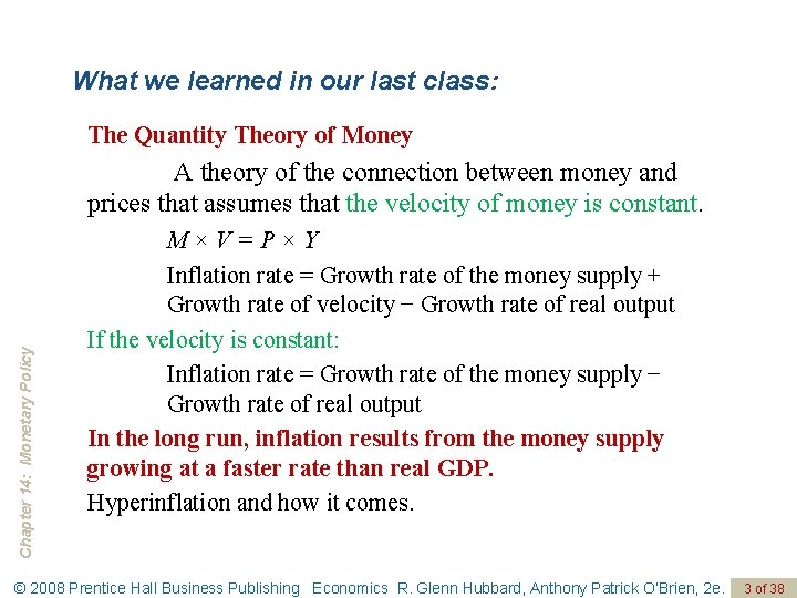 What we learned in our last class: The Quantity Theory of Money Chapter 14: