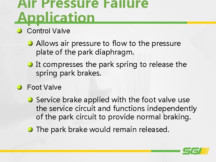 Air Pressure Failure Application Control Valve Allows air pressure to flow to the pressure