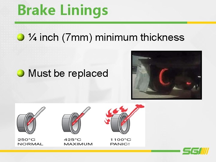 Brake Linings ¼ inch (7 mm) minimum thickness Must be replaced 