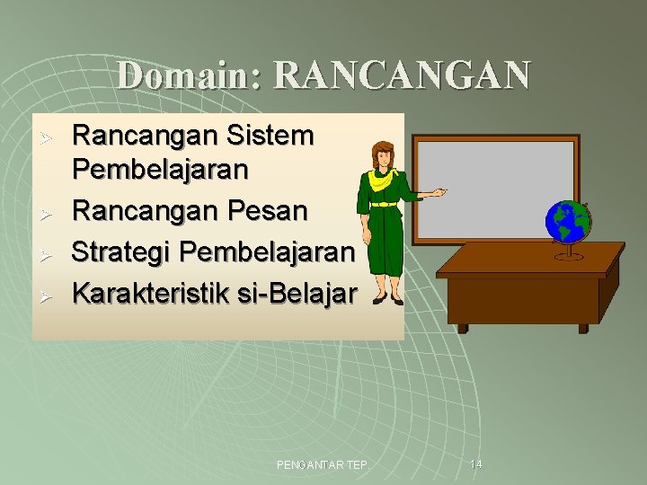 Domain: RANCANGAN Ø Ø Rancangan Sistem Pembelajaran Rancangan Pesan Strategi Pembelajaran Karakteristik si-Belajar PENGANTAR