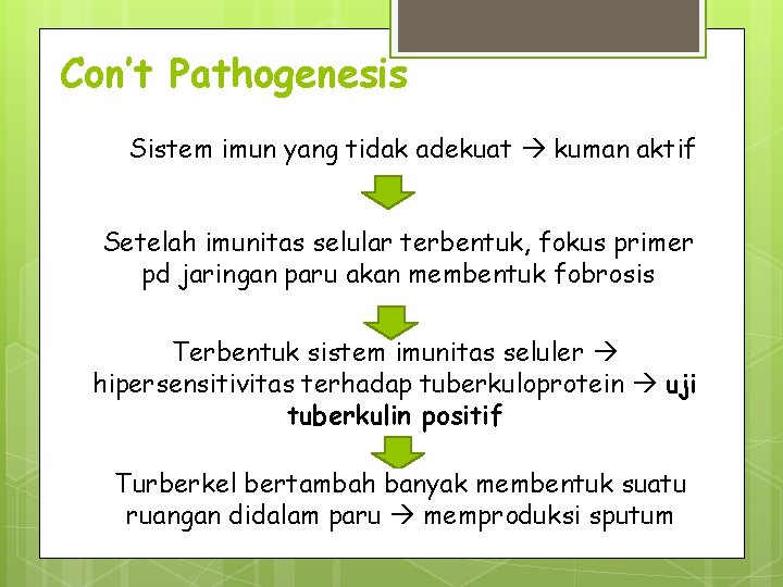 Con’t Pathogenesis Sistem imun yang tidak adekuat kuman aktif Setelah imunitas selular terbentuk, fokus