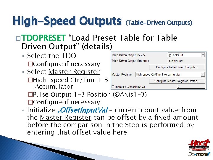 High-Speed Outputs (Table-Driven Outputs) � TDOPRESET “Load Preset Table for Table Driven Output” (details)