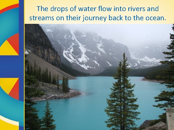 The drops of water flow into rivers and streams on their journey back to