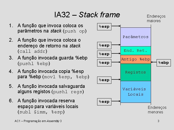 IA 32 – Stack frame 1. A função que invoca coloca os parâmetros na