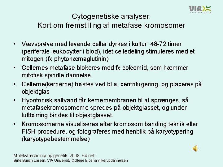 Cytogenetiske analyser: Kort om fremstilling af metafase kromosomer • Vævsprøve med levende celler dyrkes
