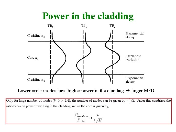 Power in the cladding Lower order modes have higher power in the cladding larger