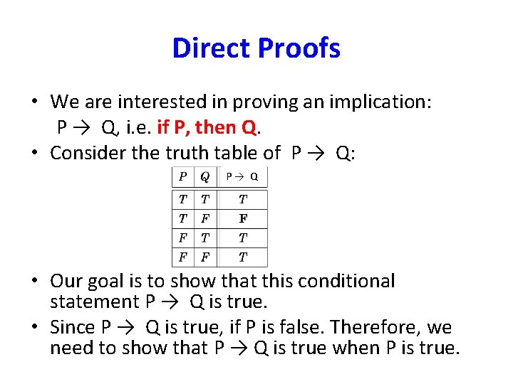 Direct Proofs • We are interested in proving an implication: P → Q, i.