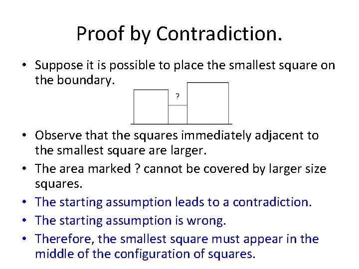 Proof by Contradiction. • Suppose it is possible to place the smallest square on