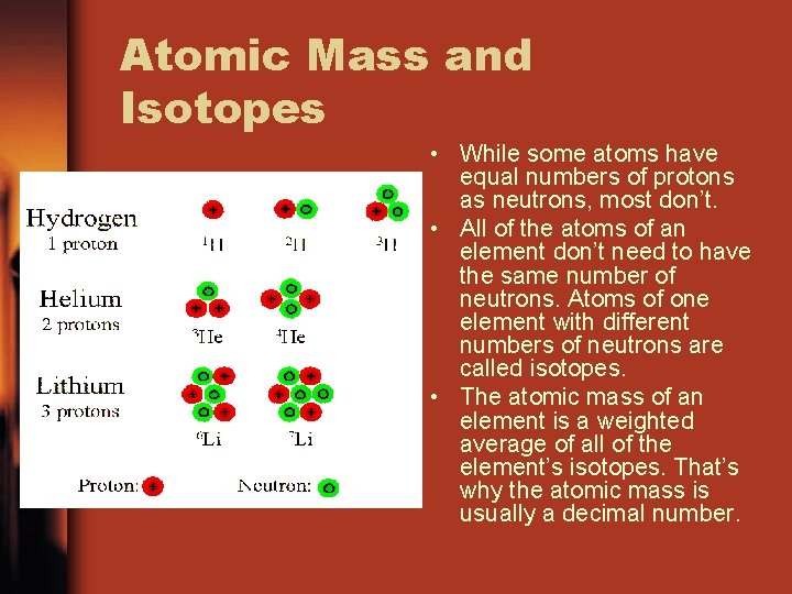 Atomic Mass and Isotopes • While some atoms have equal numbers of protons as