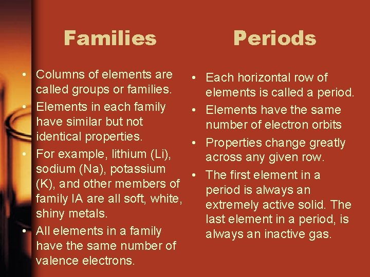 Families • Columns of elements are called groups or families. • Elements in each