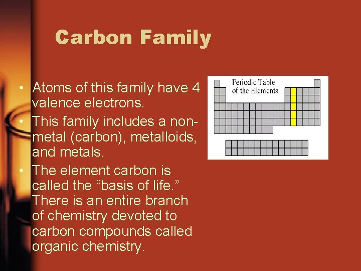 Carbon Family • Atoms of this family have 4 valence electrons. • This family